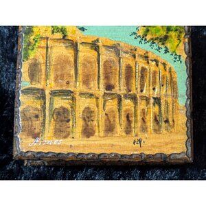 Vintage 1955 FEA Handcrafted Wooden Trinket Box With Painted Roman Colosseum